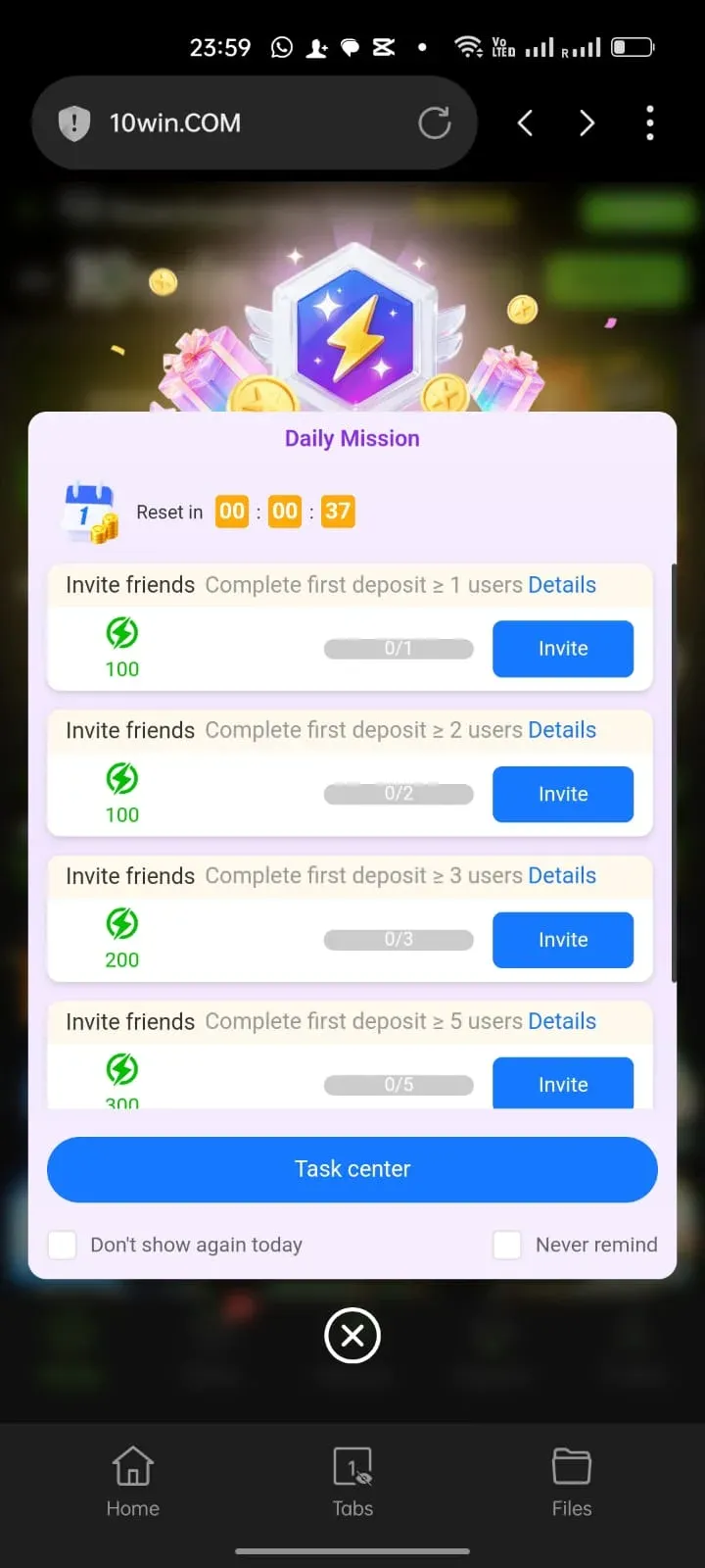 10Win daily mission pop-up with invite tasks