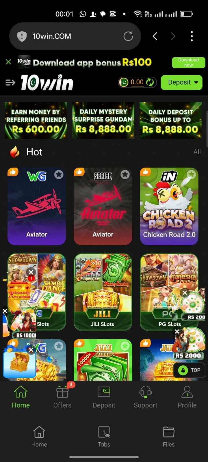 10Win lobby showing Aviator, Chicken Road 2.0, JILI and PG slots