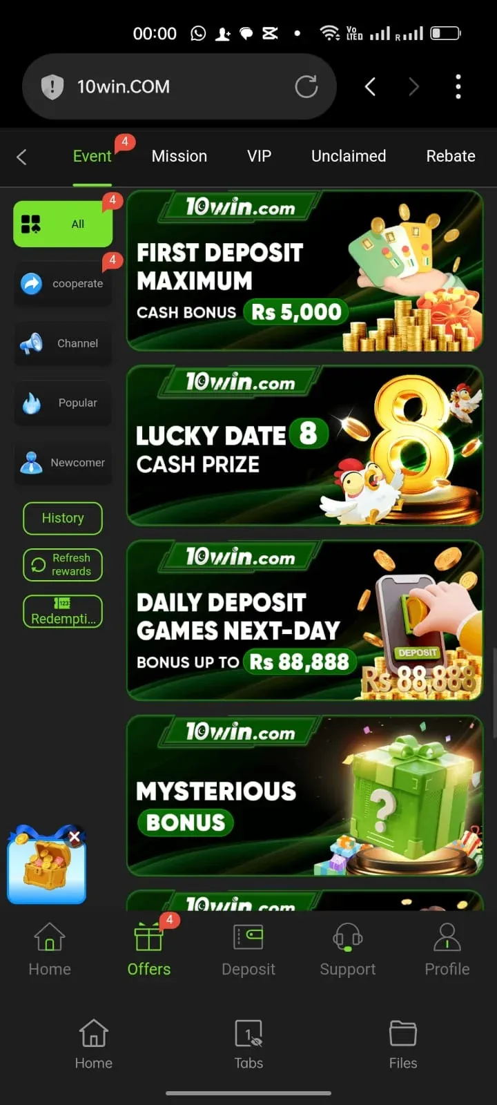 10Win first deposit bonus Rs 5,000 and daily deposit bonus offers